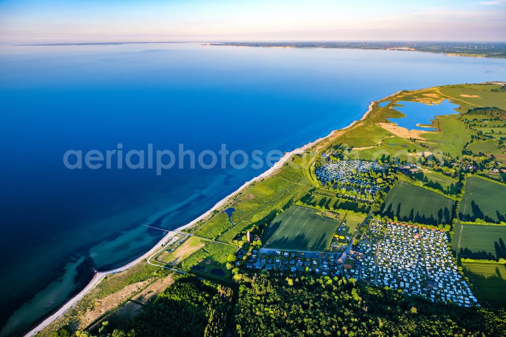 Aerial photograph Behrensdorf - Campsite with caravans and tents on the lake shore in Behrensdorf at the baltic coast in the state Schleswig-Holstein, Germany