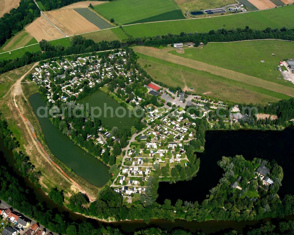 Oedheim from above - Campsite with caravans and tents on the lake shore Seecamping Hirschfeld-Park in Oedheim in the state Baden-Wuerttemberg, Germany