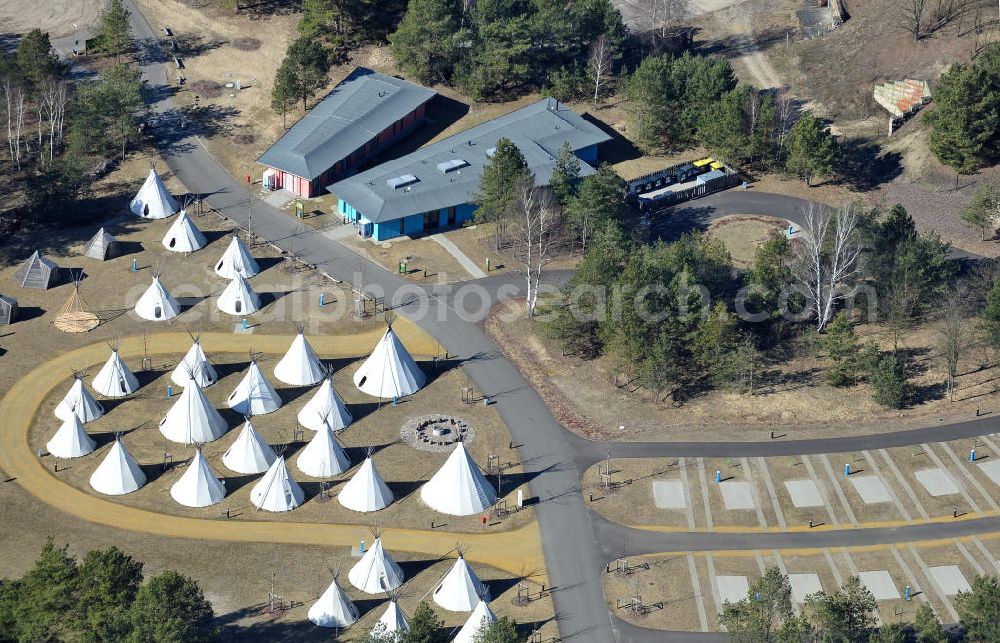 Aerial photograph Halbe-Brand - Der Campingplatz am Tropical Islands mit Wohnmobilstellplätzen und mietbaren Tipi Zelten in Halbe-Brand. Der Platz erhielt vom ADAC die begehrte Campingplatz Auszeichnung. The campsite near by the Tropical Islands in Halbe-Brand.