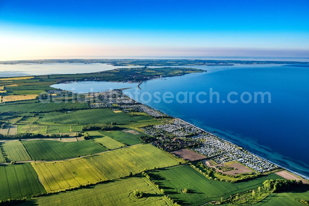 Aerial image Neukirchen - Campsite with caravans and tents on the shores of the Baltic Sea in the district Ostermade in Neukirchen in the state Schleswig-Holstein, Germany