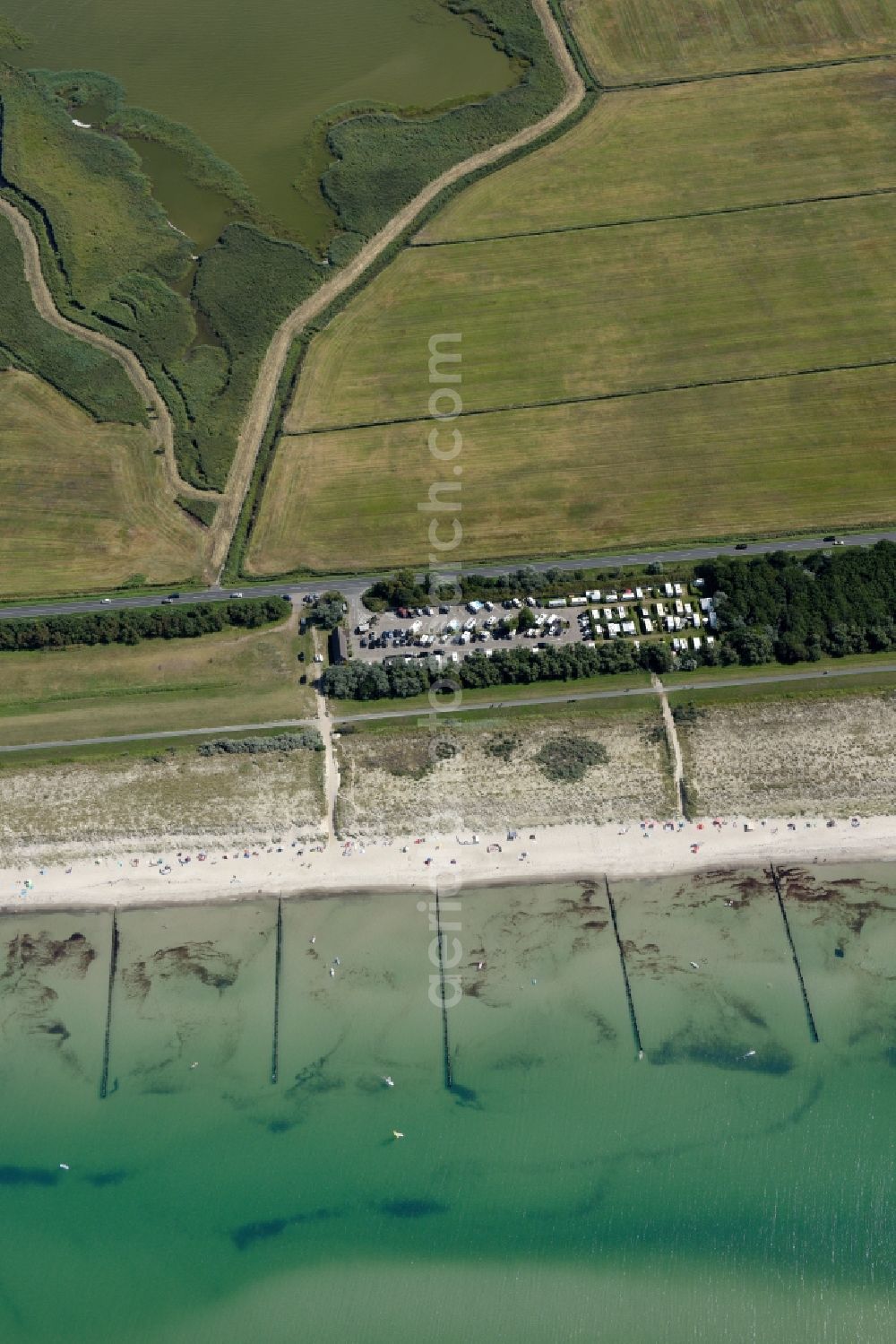 Wustrow from above - Camping with caravans and tents in Wustrow in the state Mecklenburg - Western Pomerania