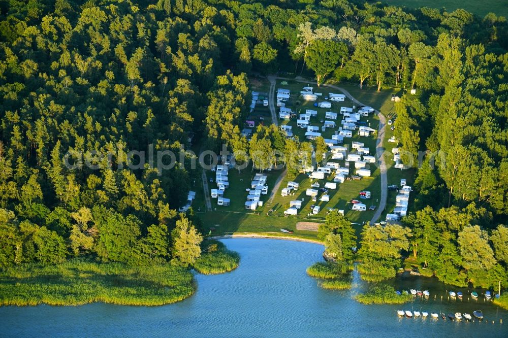 Boeck from above - Camping with caravans and tents on lake mueritz in Boeck in the state Mecklenburg - Western Pomerania, Germany