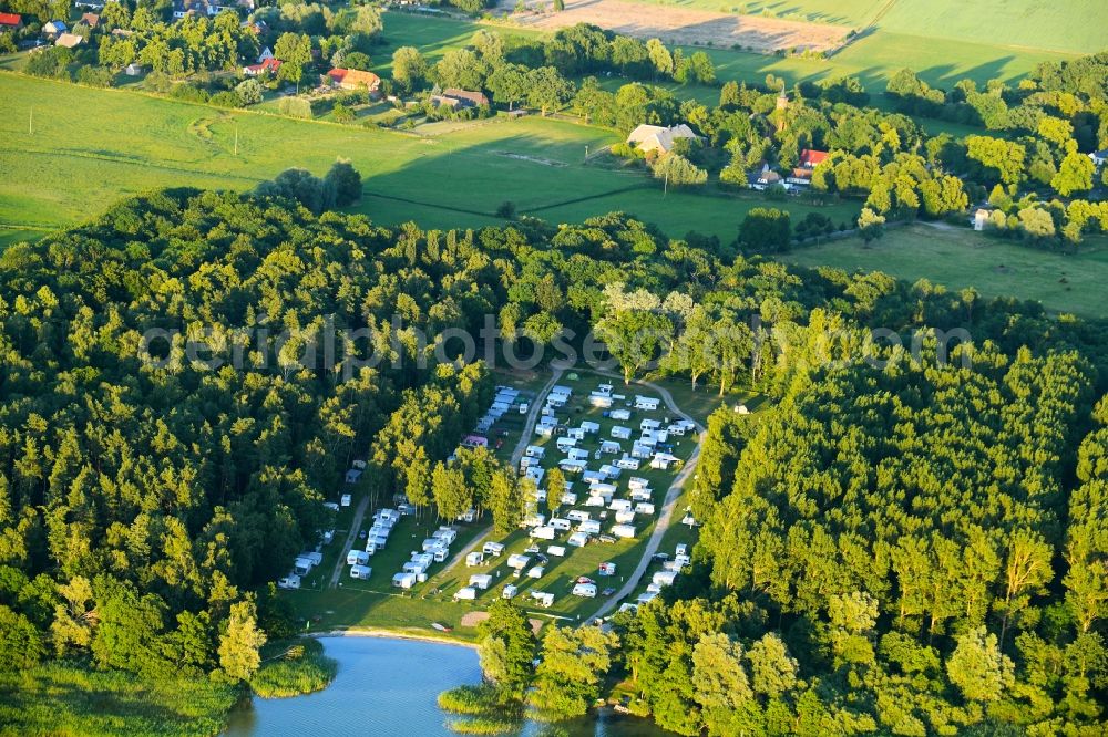 Boeck from above - Camping with caravans and tents on lake mueritz in Boeck in the state Mecklenburg - Western Pomerania, Germany