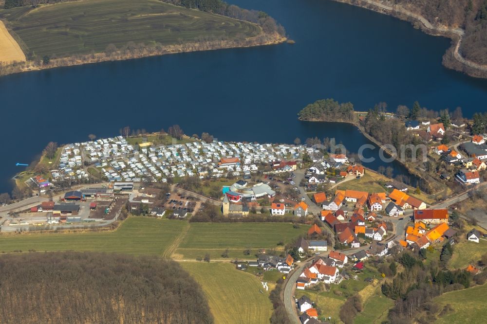 Diemelsee from above - Camping with caravans and tents in Diemelsee in the state Hesse, Germany