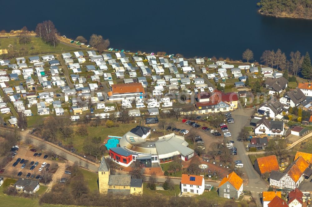 Diemelsee from the bird's eye view: Camping with caravans and tents in Diemelsee in the state Hesse, Germany