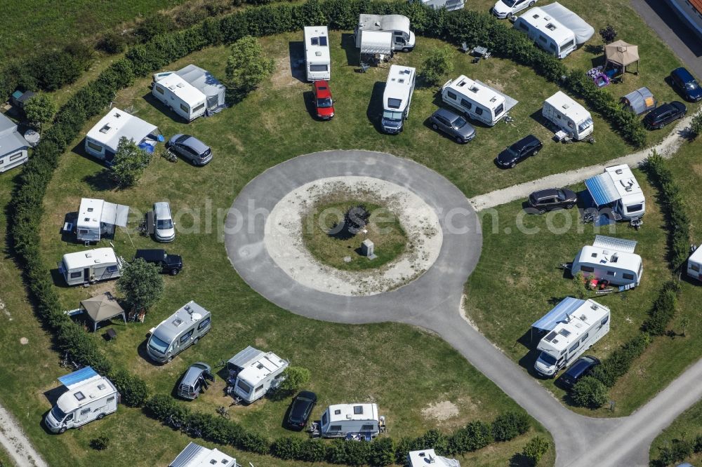 Gunzenhausen from above - Circle round campsite with red car, caravans and tents in Gunzenhausen in Bavaria