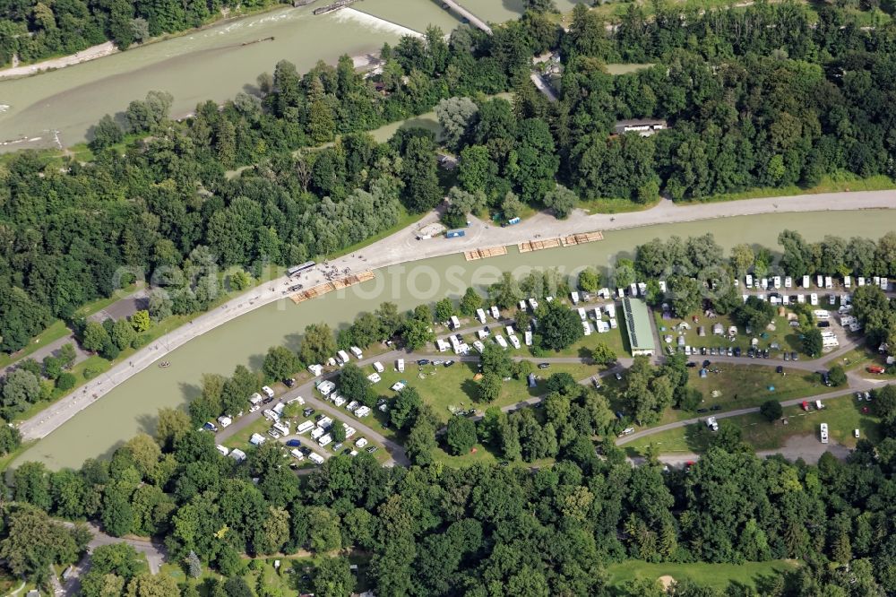 Aerial image München - Camping with caravans and tents in Munich in the state Bavaria, Germany