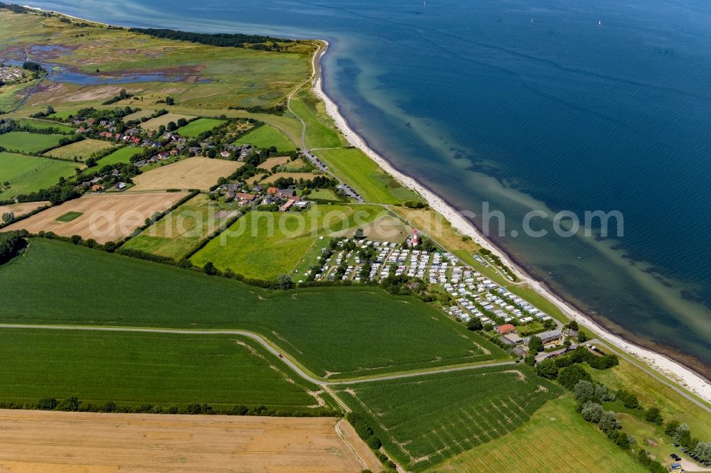 Falshöft from above - Camping with caravans and tents and lighthouse in Falshoeft in the state Schleswig-Holstein, Germany