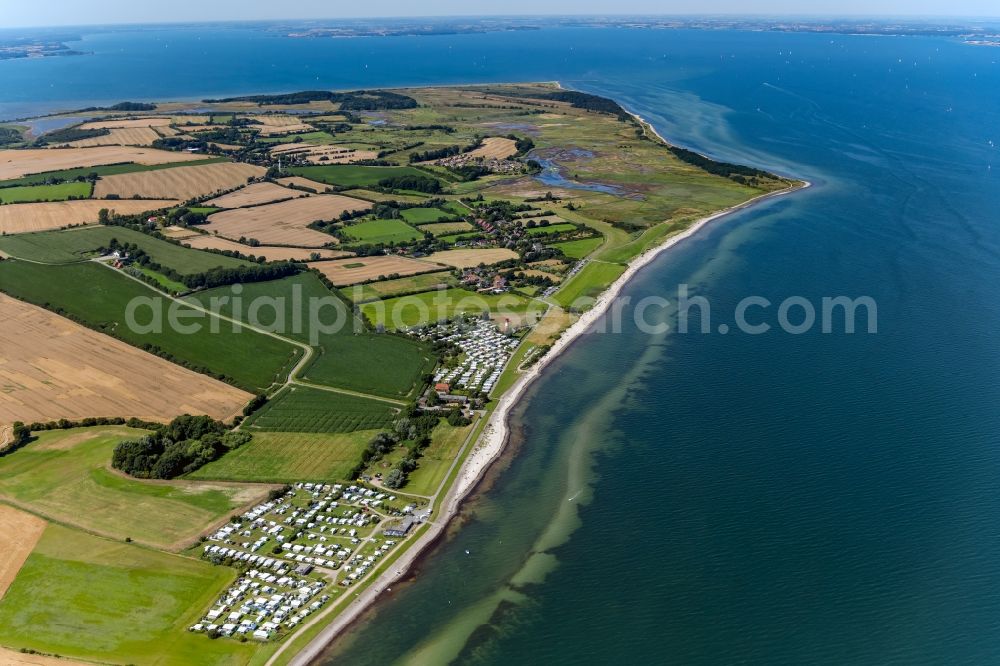 Falshöft from the bird's eye view: Camping with caravans and tents and lighthouse in Falshoeft in the state Schleswig-Holstein, Germany