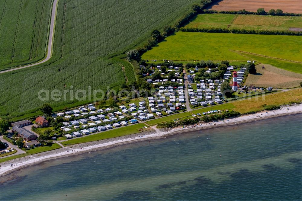 Aerial photograph Falshöft - Camping with caravans and tents and lighthouse in Falshoeft in the state Schleswig-Holstein, Germany