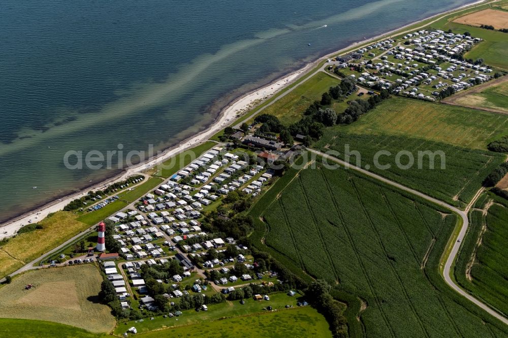 Aerial image Falshöft - Camping with caravans and tents and lighthouse in Falshoeft in the state Schleswig-Holstein, Germany