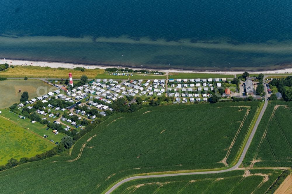 Falshöft from above - Camping with caravans and tents and lighthouse in Falshoeft in the state Schleswig-Holstein, Germany