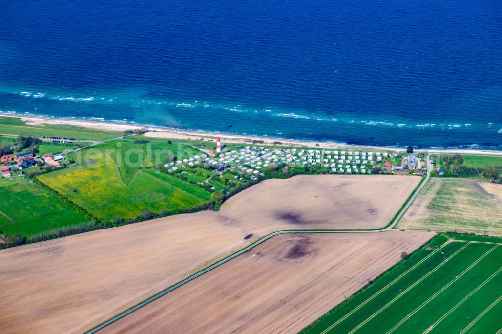 Falshöft from the bird's eye view: Camping with caravans and tents and lighthouse in Falshoeft in the state Schleswig-Holstein, Germany