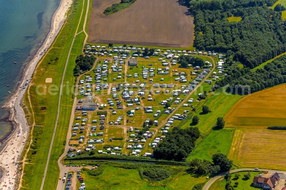 Maasholm from the bird's eye view: Camping with caravans and tents in Maasholm in the state Schleswig-Holstein, Germany