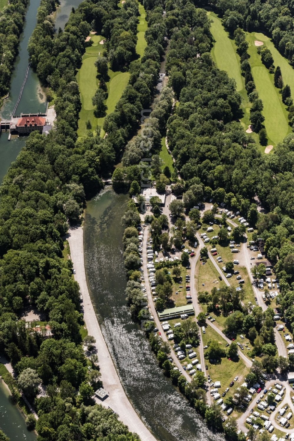 Aerial image München - Camping with caravans and tents in Munich in the state Bavaria, Germany