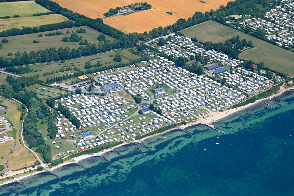 Neustadt in Holstein from above - Camping with caravans and tents on baltic sea coast in Neustadt in Holstein in the state Schleswig-Holstein