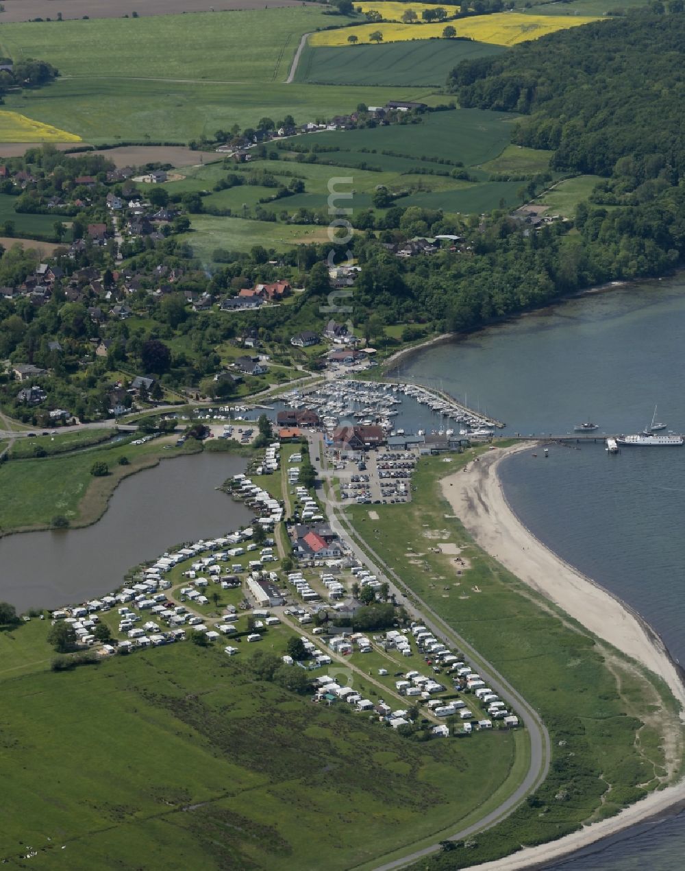 Langballig from above - Camping with caravans and tents at the Baltic beach in Langballig in Schleswig-Holstein