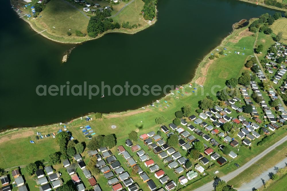 Aerial image Pöhl - Camping with caravans and tents lake Aubauch in Poehl in the state Saxony