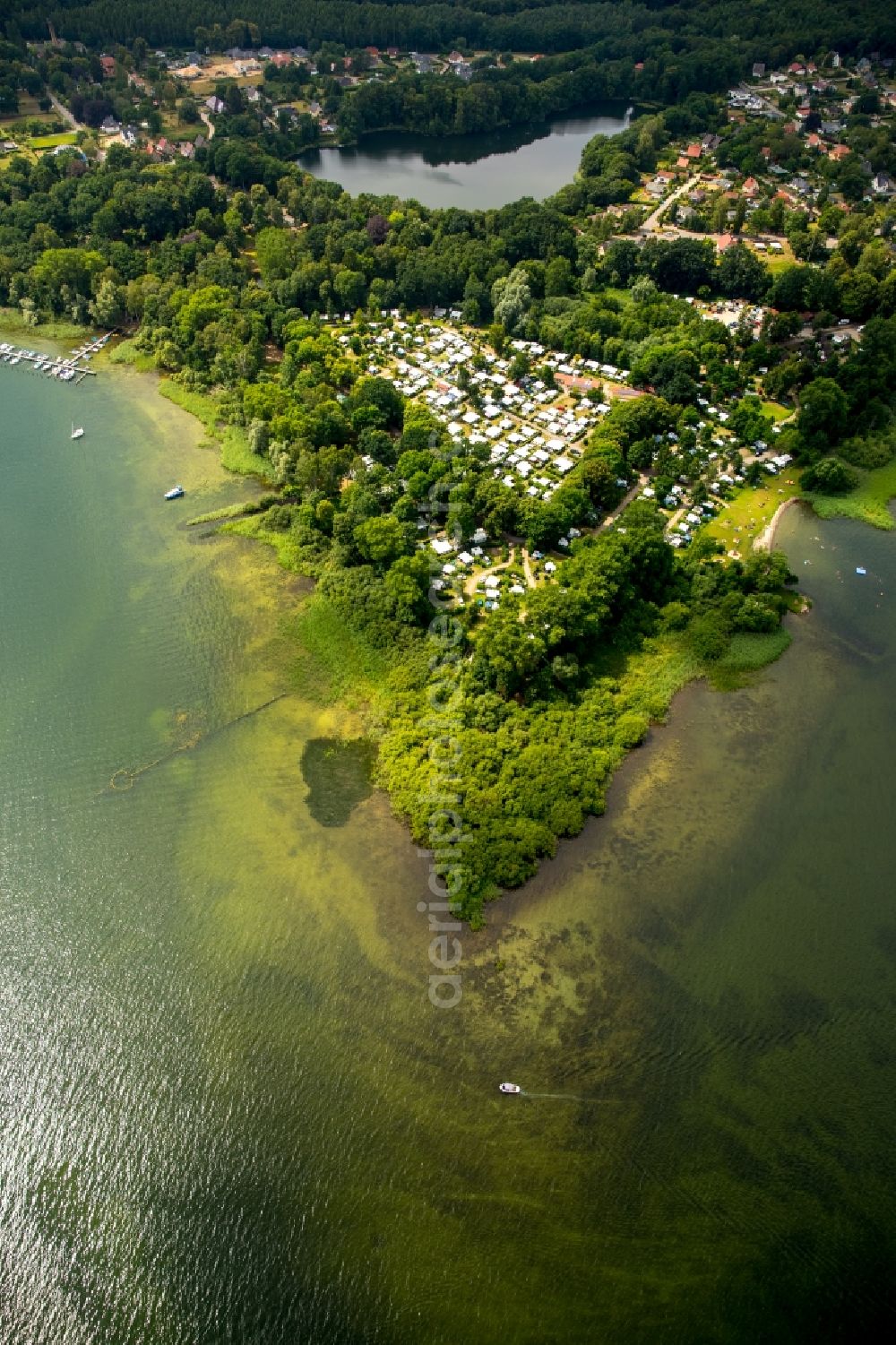 Plau am See from the bird's eye view: Camping with caravans and tents in Plau am See in the state Mecklenburg - Western Pomerania