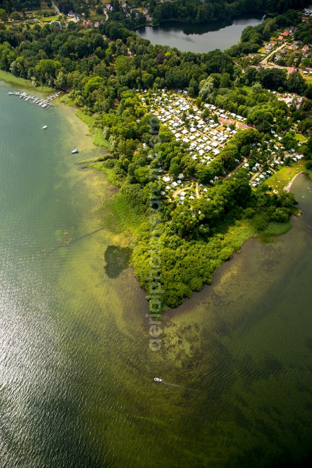 Aerial image Plau am See - Camping with caravans and tents in Plau am See in the state Mecklenburg - Western Pomerania