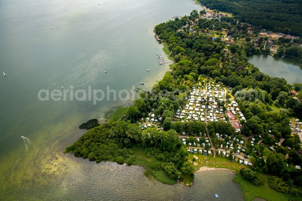 Aerial image Plau am See - Camping with caravans and tents in Plau am See in the state Mecklenburg - Western Pomerania