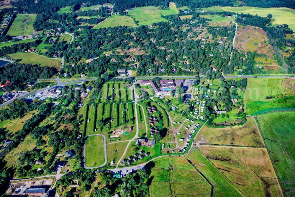 Röm from the bird's eye view: Camping with caravans and tents on street Vej uden navn in Roem in Syddanmark, Denmark