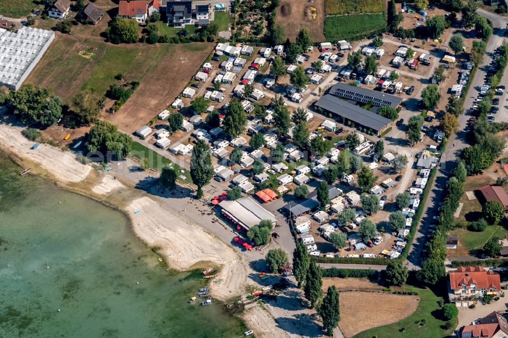 Reichenau from the bird's eye view: Camping with caravans and tents in Reichenau in the state Baden-Wurttemberg, Germany