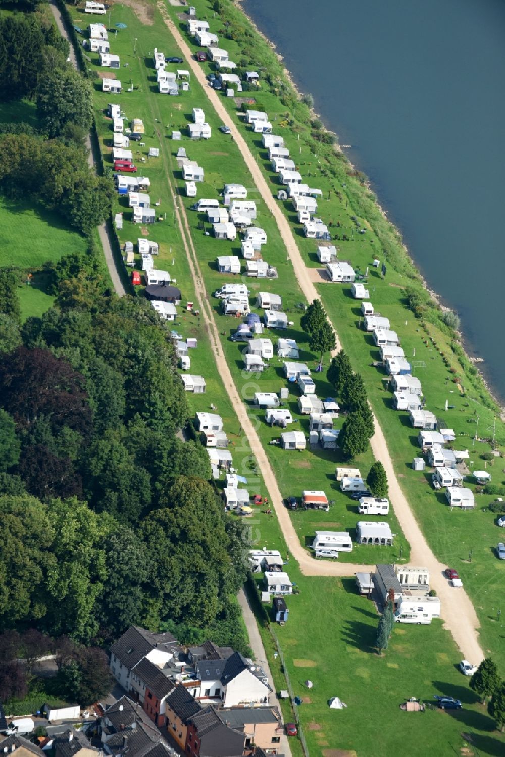 Remagen from above - Camping with caravans and tents in Remagen in the state Rhineland-Palatinate, Germany