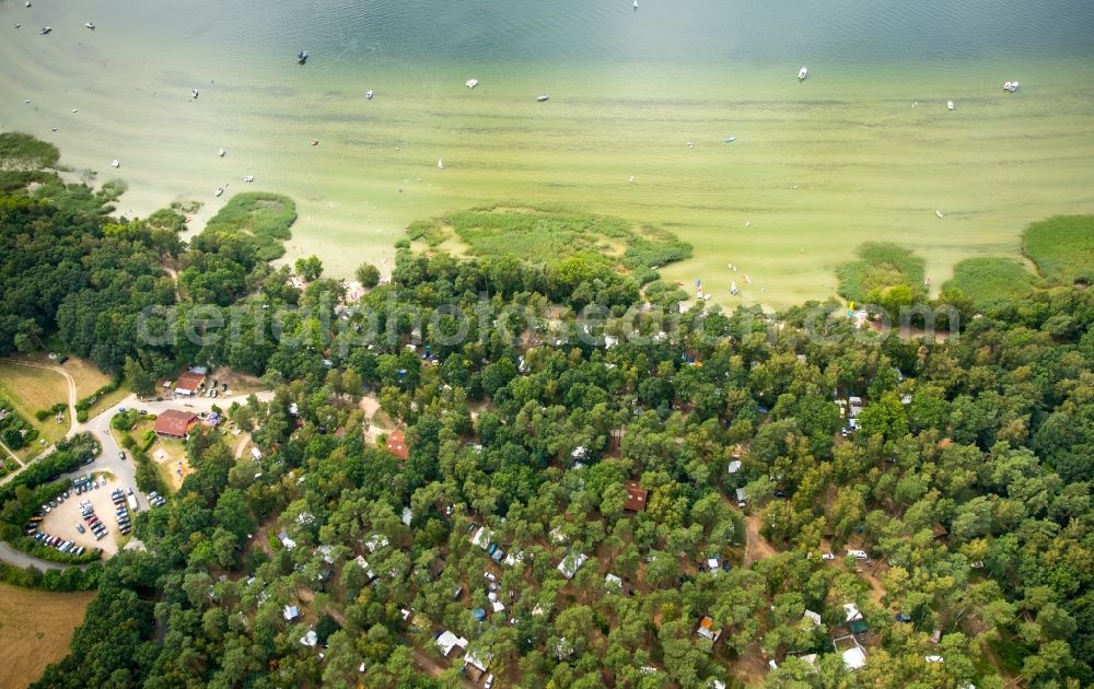 Rechlin from above - Camping with caravans and tents and surf school at lake Mueritz in Rechlin in the state Mecklenburg - Western Pomerania