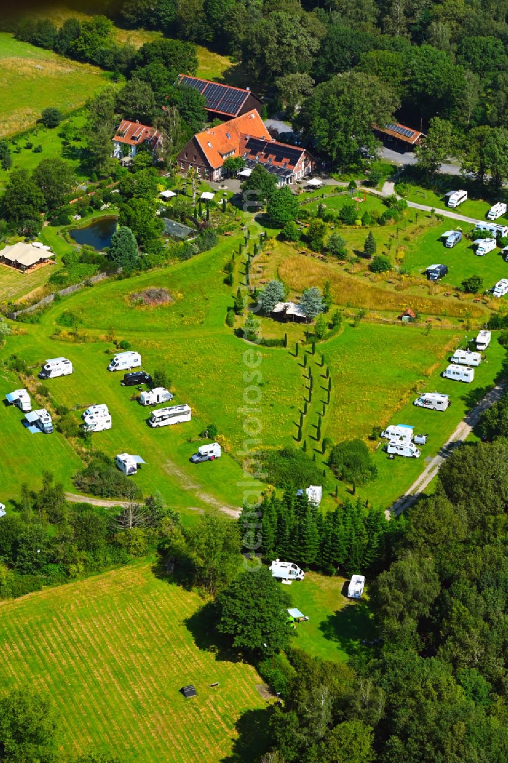 Telgte from above - Camping with caravans and tents on street Lauheide in Telgte in the state North Rhine-Westphalia, Germany