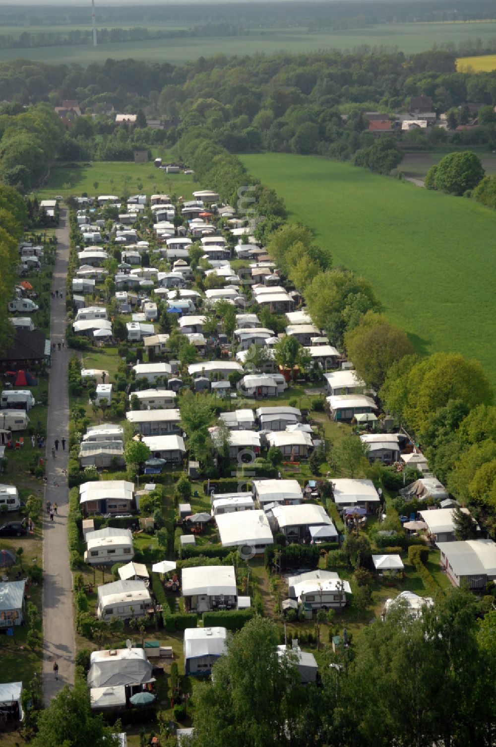 Tiefensee from above - Camping with caravans and tents on street Schmiedeweg in Tiefensee in the state Brandenburg, Germany