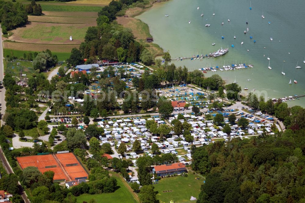 Aerial image Utting am Ammersee - Camping with caravans and tents in Utting am Ammersee in the state Bavaria, Germany