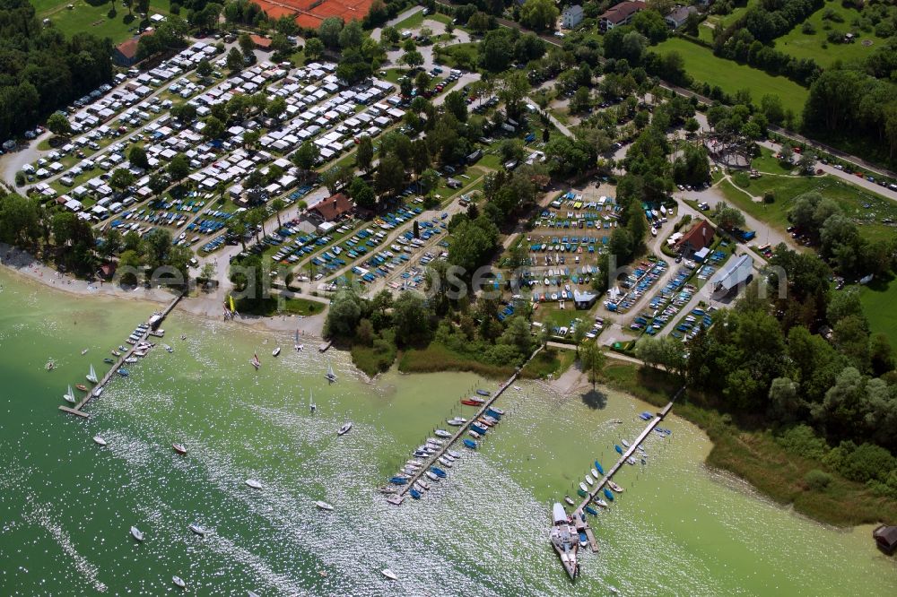 Utting am Ammersee from the bird's eye view: Camping with caravans and tents in Utting am Ammersee in the state Bavaria, Germany