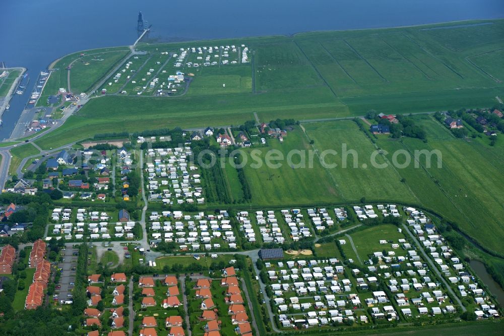 Wurster Nordseeküste from the bird's eye view: Camping with caravans and tents in Wurster north sea coast in the state Lower Saxony