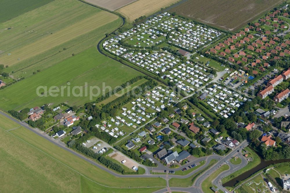 Wurster Nordseeküste from above - Camping with caravans and tents in Wurster north sea coast in the state Lower Saxony