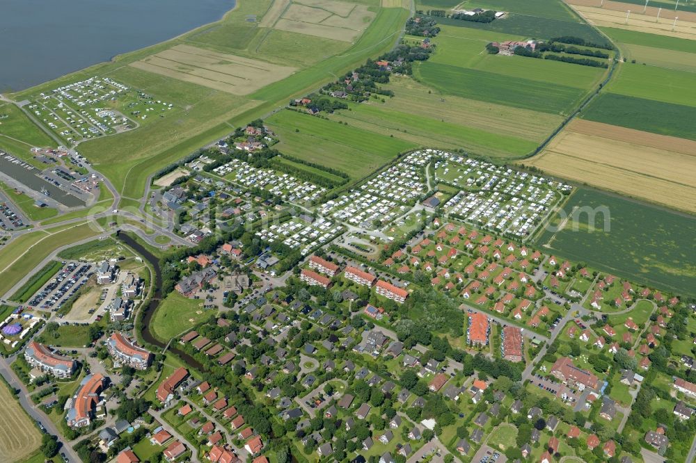 Wurster Nordseeküste from above - Camping with caravans and tents in Wurster north sea coast in the state Lower Saxony