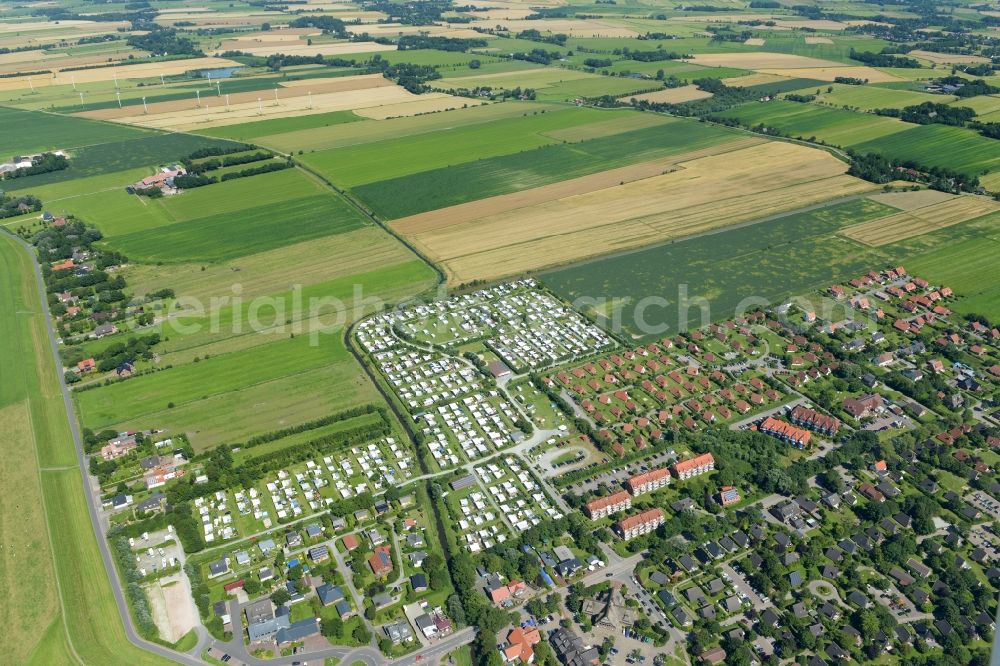 Wurster Nordseeküste from above - Camping with caravans and tents in Wurster north sea coast in the state Lower Saxony