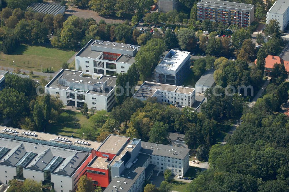 Berlin from the bird's eye view: Blick über das Max-Delbrück-Centrum für Molekulare Medizin (MDC) mit Communicationcenter im Biotechnologiepark / BiotechPark auf die Büro- und Laborgebäude Erwin-Negelein-Haus, Otto-Warburg-Haus und Karl-Lohmann-Haus des Campus Berlin-Buch, sowie die Gebäude der Eckert & Ziegler AG und der Bebig GmbH.