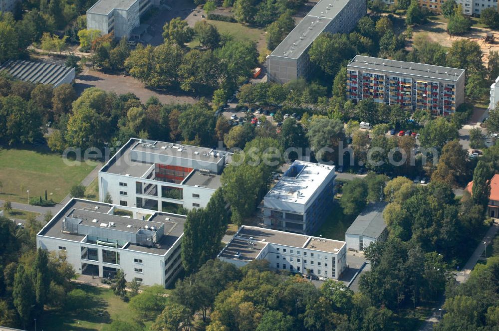 Aerial image Berlin - Blick auf den Biotechnologiepark / BiotechPark mit den Büro- und Laborgebäuden Erwin-Negelein-Haus, Otto-Warburg-Haus und Karl-Lohmann-Haus des Campus Berlin-Buch, sowie die Gebäude der Eckert & Ziegler AG und der Bebig GmbH.