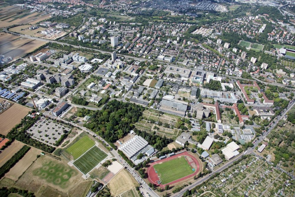 Mainz from above - View of the campus the Johannes Gutenberg University in Mainz, a German university in the state of Rhineland-Palatinate. With about 150 institutes and hospitals, it is one of the ten largest universities in Germany