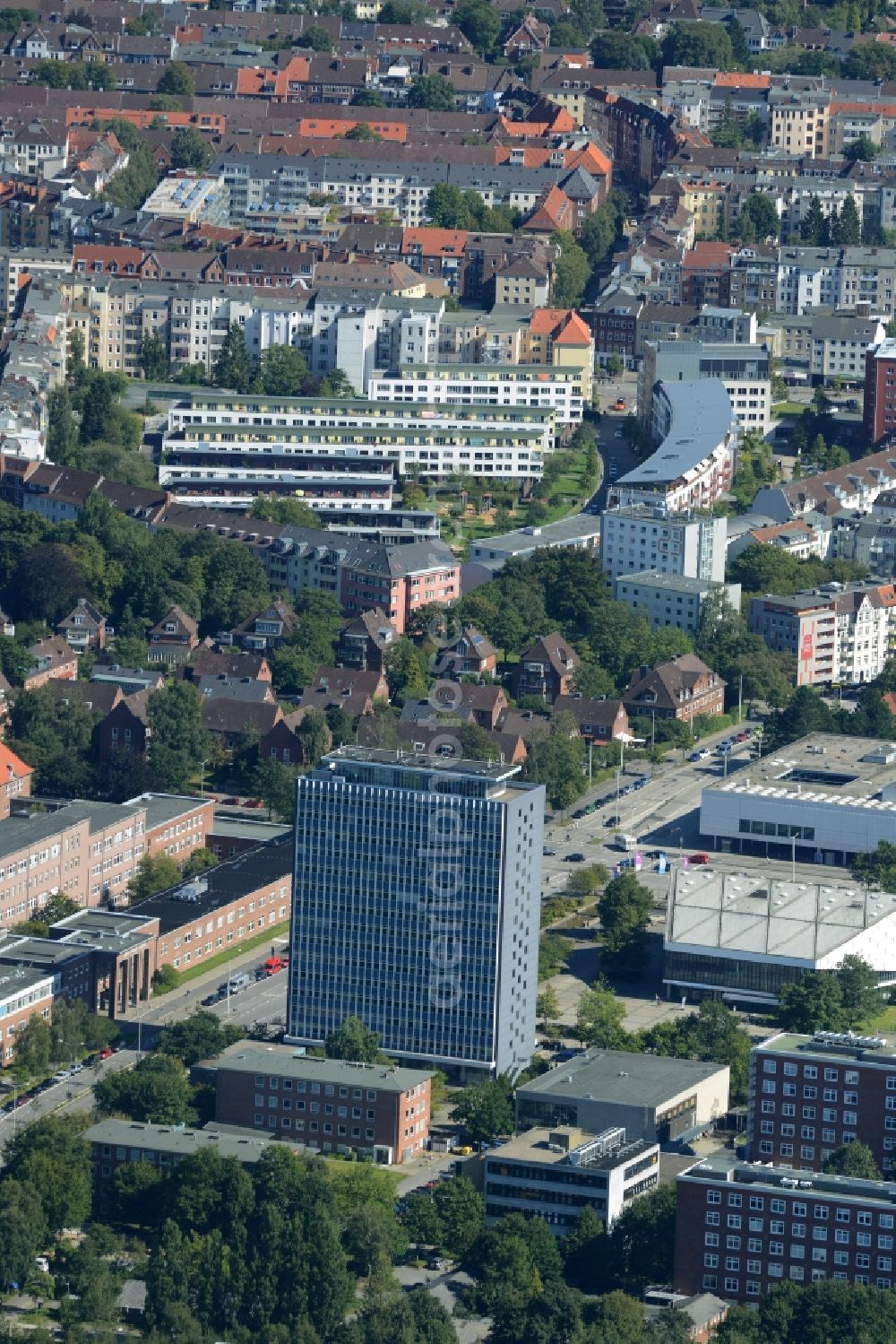 Kiel from above - Campus building of the Christian-Albrechts- University in Kiel in the state of Schleswig-Holstein. The high-rise is located amidst historic and modern academic buildings on Christian-Albrechts-Square