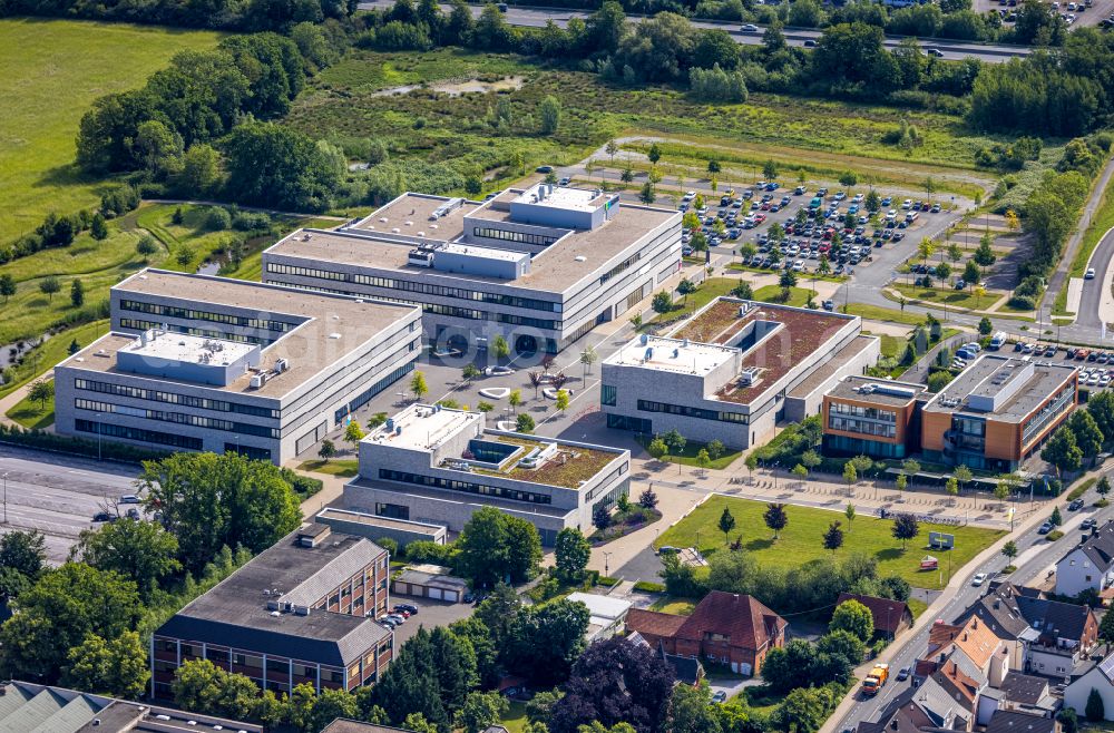 Lippstadt from the bird's eye view: Campus building of the Hochschule Hamm-Lippstadt on street Dr.-Arnold-Hueck-Strasse in Lippstadt in the state North Rhine-Westphalia, Germany