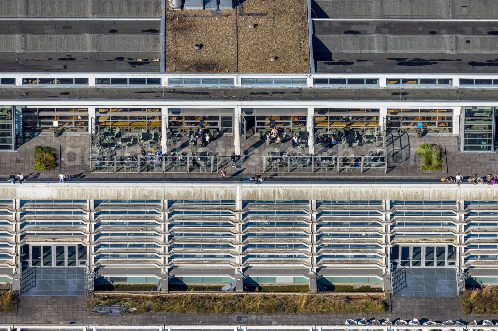 Bochum from the bird's eye view: Canteen in the campus building of the RUB Ruhr University on the Ruhr heights on Universitaetsstrasse in Bochum in the Ruhr area in the federal state of North Rhine-Westphalia