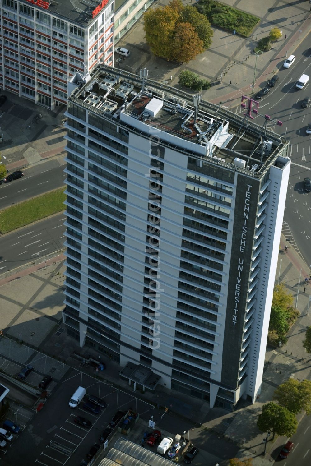 Berlin from the bird's eye view: Campus building of the Technical University Berlin with the Institute for Language and Communications on Ernst-Reuter-Platz in Berlin in Germany