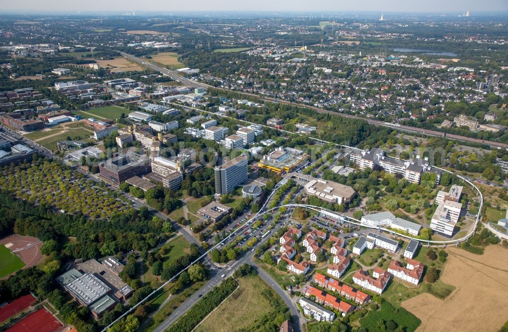Aerial image Dortmund - Campus building of the technical university Dortmund. Campus North student union 2 in Dortmund in the state North Rhine-Westphalia. In the picture the route of the monorail