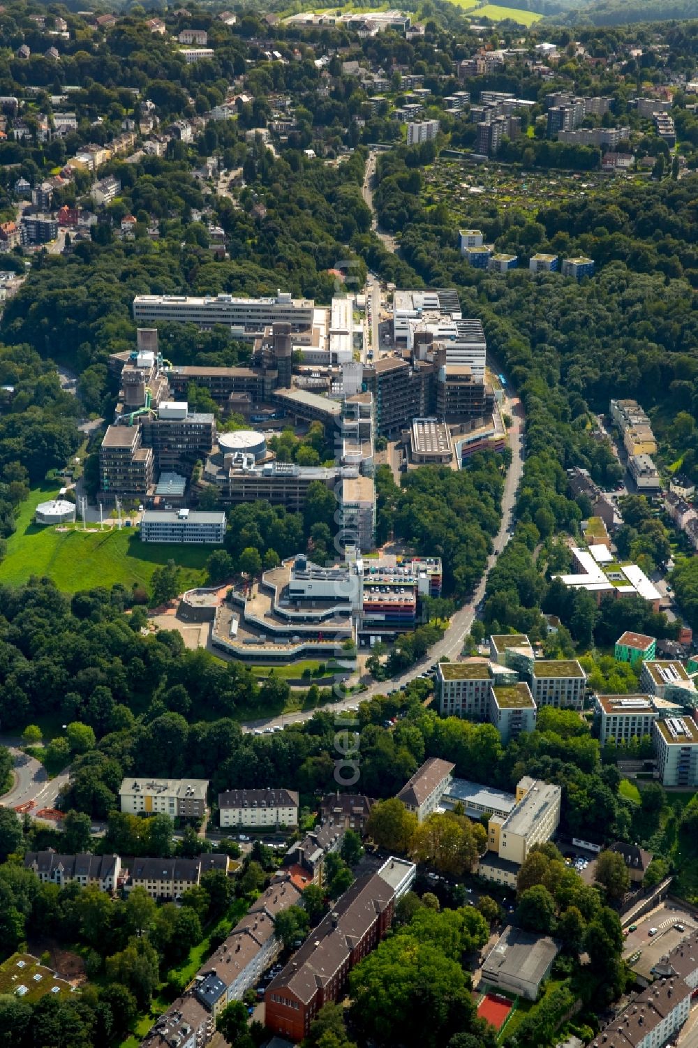 Aerial image Wuppertal - Campus building of the university Bergische Universitaet Wuppertal besides the road Max-Horkheimer-Strasse and nearby residential areas in Wuppertal in the state North Rhine-Westphalia