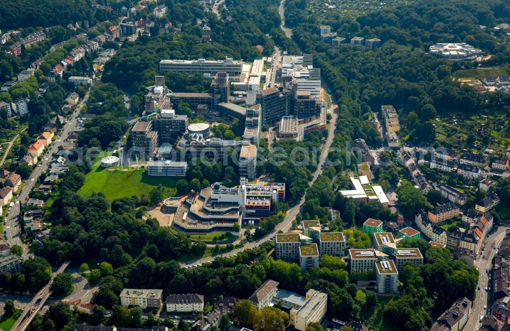 Aerial photograph Wuppertal - Campus building of the university Bergische Universitaet Wuppertal besides the road Max-Horkheimer-Strasse and nearby residential areas in Wuppertal in the state North Rhine-Westphalia