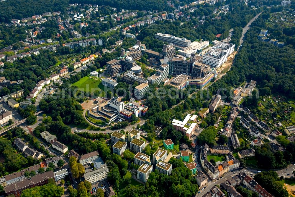 Wuppertal from above - Campus building of the university Bergische Universitaet Wuppertal besides the road Max-Horkheimer-Strasse and nearby residential areas in Wuppertal in the state North Rhine-Westphalia