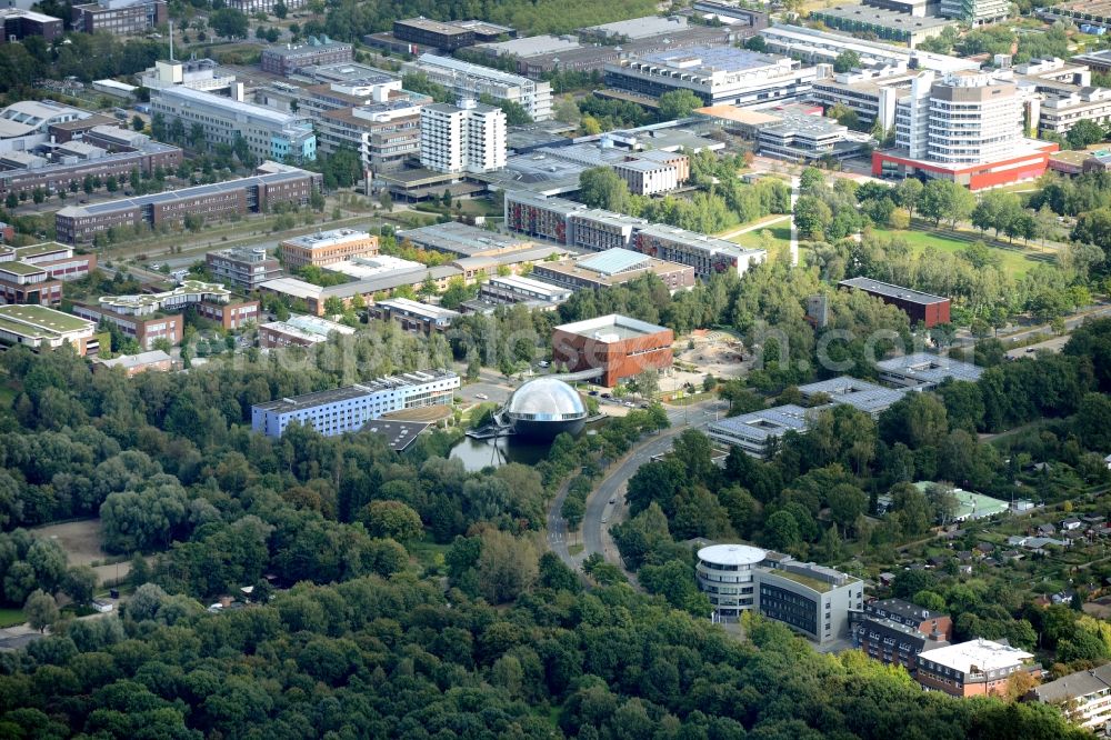 Bremen from the bird's eye view: Campus area of the university of Bremen in its Lehe part in Germany. The universum museum is located in the foreground