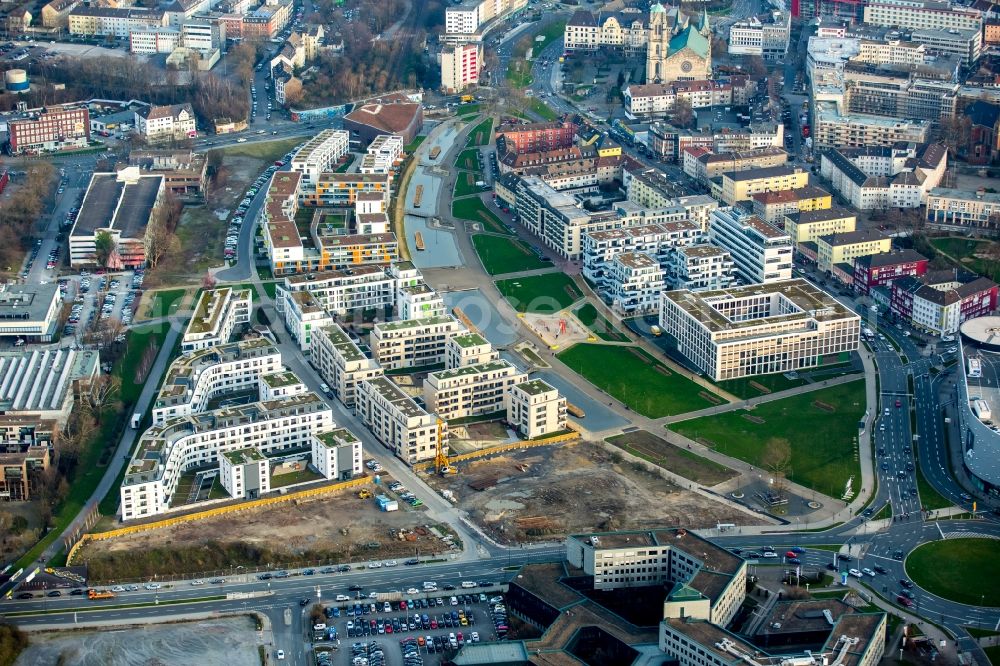 Essen from above - Campus building at the University of Duisburg-Essen in Essen in North Rhine-Westphalia. The main construction area for the new media center of Funke Mediengruppe in the university district green center essen